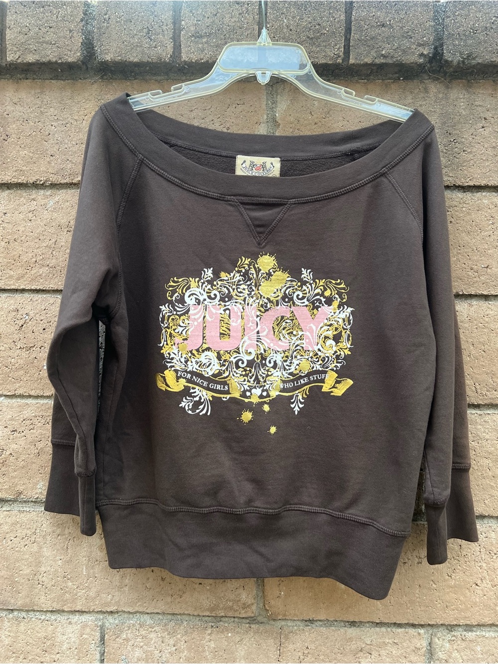 Juicy Couture Brown Off-Shoulder Sweatshirt with Pink & Gold Crest